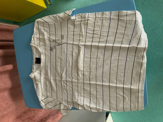 T-Shirt L Weiß mit blauen und schwarzen Streifen