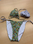 Bikini S Grün mit Blumenmuster und Schwarz-Weiß gestreift