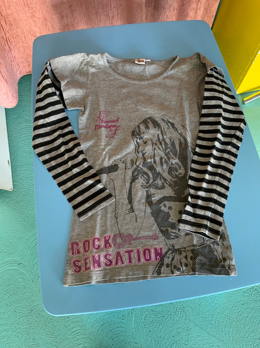 Hannah Montana T-Shirt 158/164 Grau mit schwarz-gestreiften Ärmeln