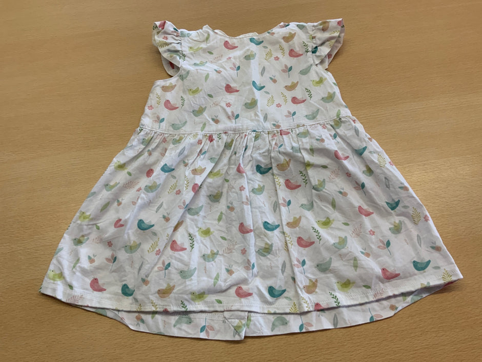 Kleid 80 Weiß mit buntem Vogelmuster