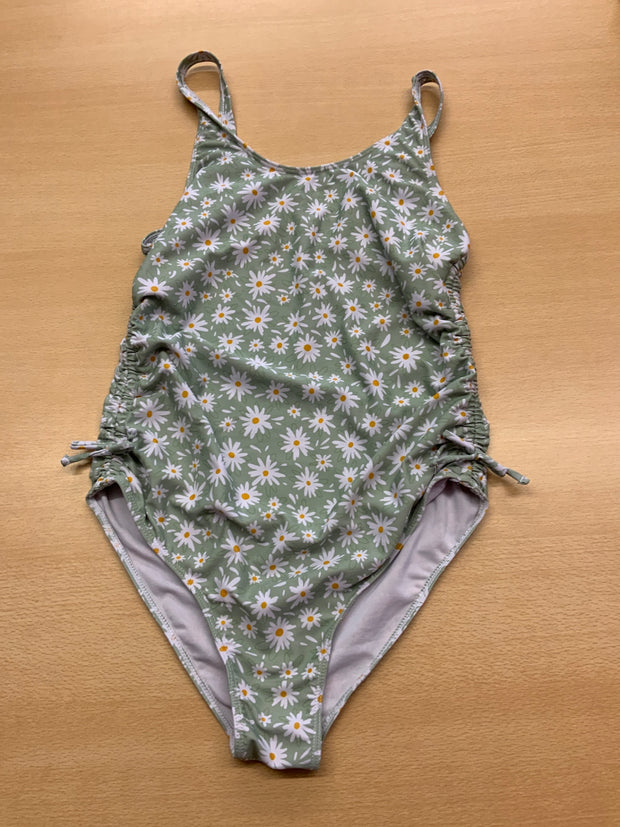Badeanzug 152/164 Grün mit weißen und gelben Kamillenblumen
