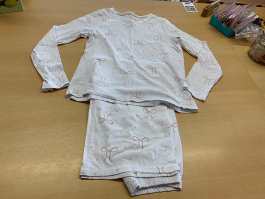 Pyjama 146/152 Weiß mit rosa Binde- und Punktmuster
