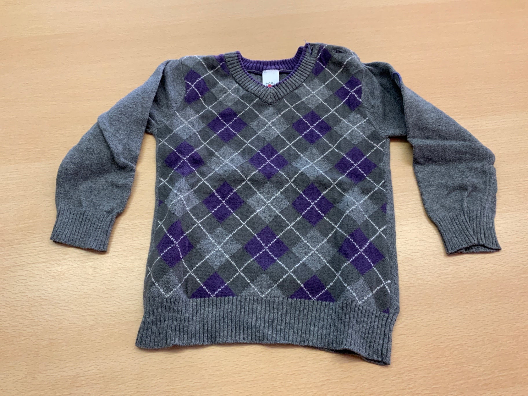 Unbekannt Pullover 86/92 Grau mit lila und weißem Muster