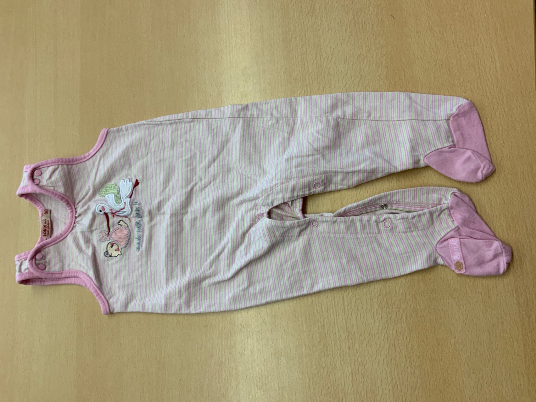 Babystrampler 68 Rosa und Streifen in Hellgrün, Weiß, Rosa und Gelb