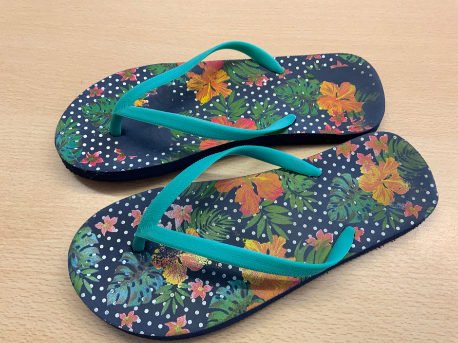 Flipflops 37 Blau mit buntem Blumenmuster