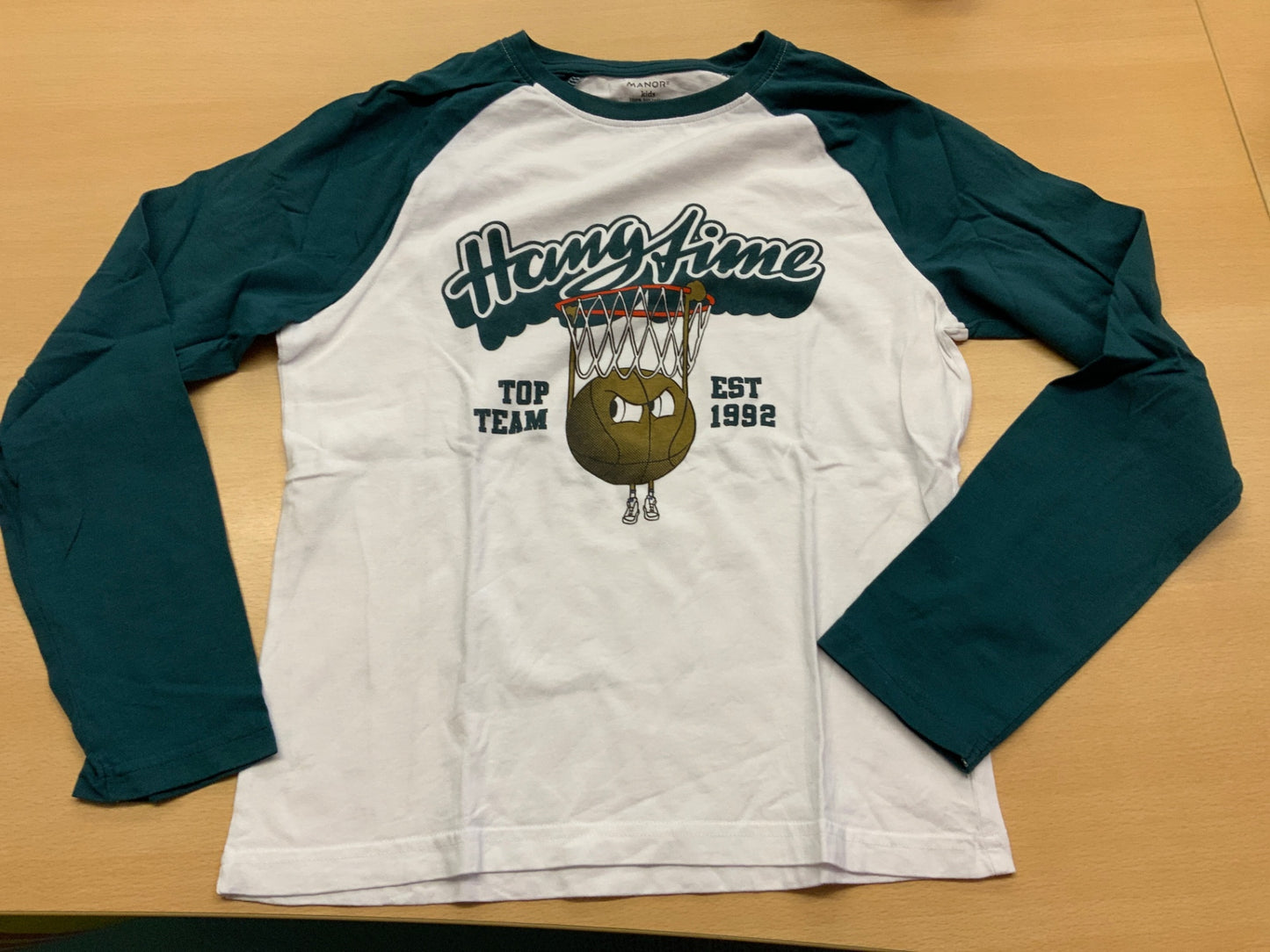 Manor Kids Langarmshirt 146/152 Weiß und Dunkelgrün