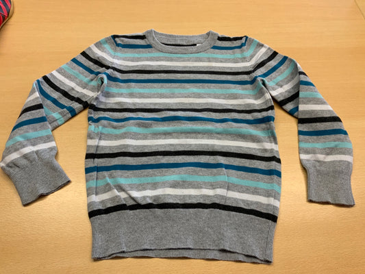 Pullover 128 Grau mit Streifen in Blau, Schwarz, Weiß und Türkis