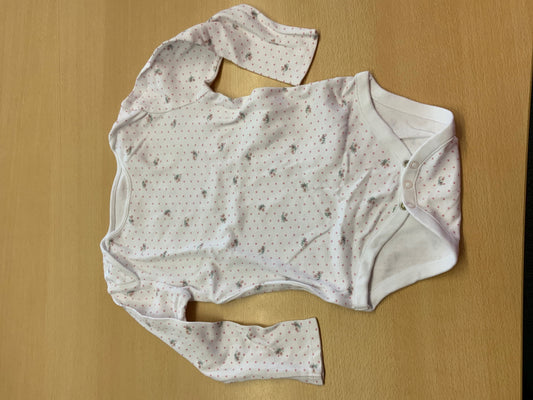 Langarm-Body 98 Weiß mit rosa Punkten und Blumenmuster