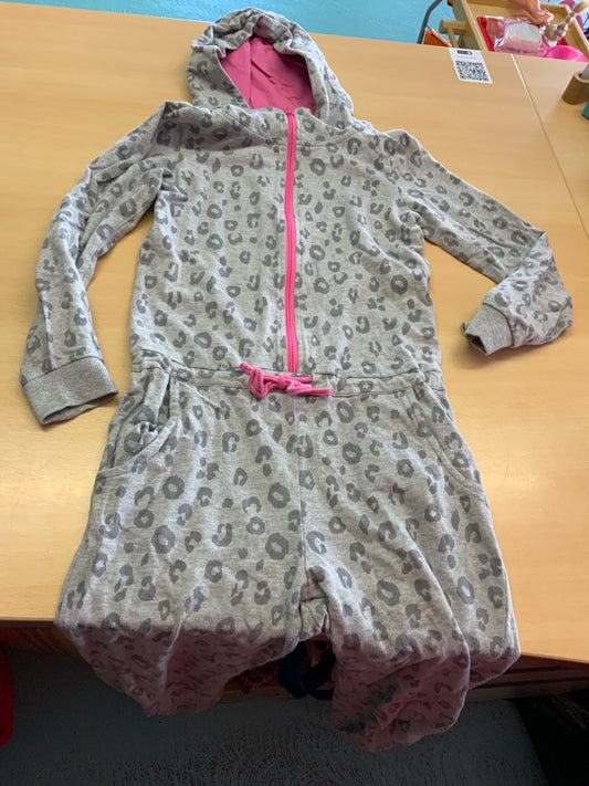  Overall 146/152 Grau mit Leopardenmuster, rosa Reißverschluss und Tunnelzug