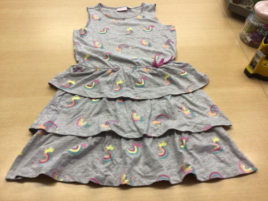 Kleid 134/140 Grau mit bunten Regenbogenmustern