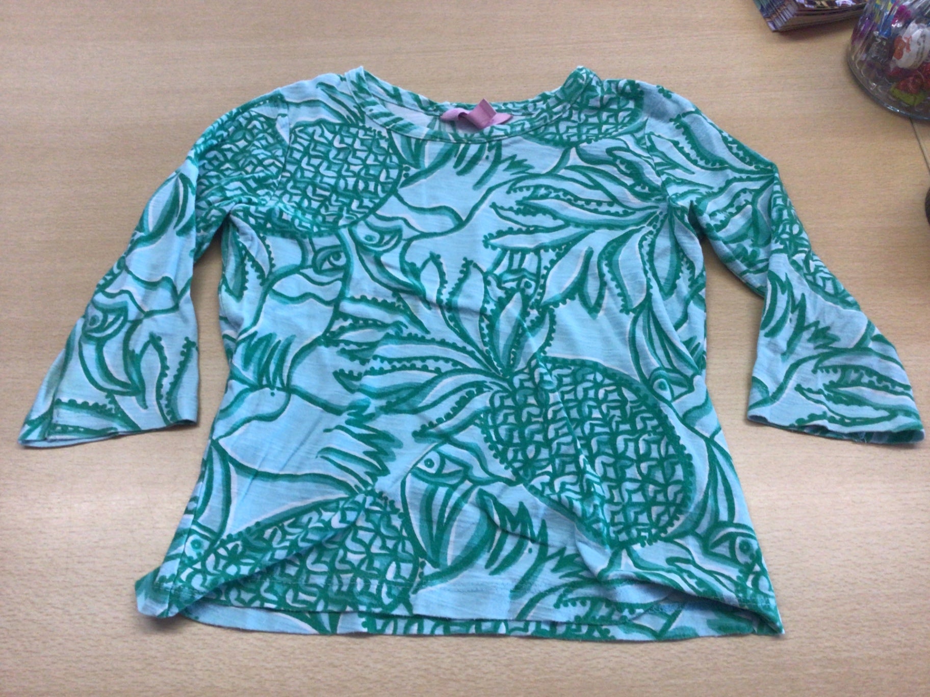 Langarmshirt 116/122 Türkis mit weißen Mustern