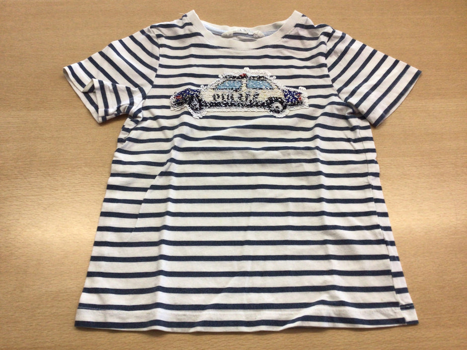T-Shirt 110/116 Weiß mit dunkelblauen Streifen