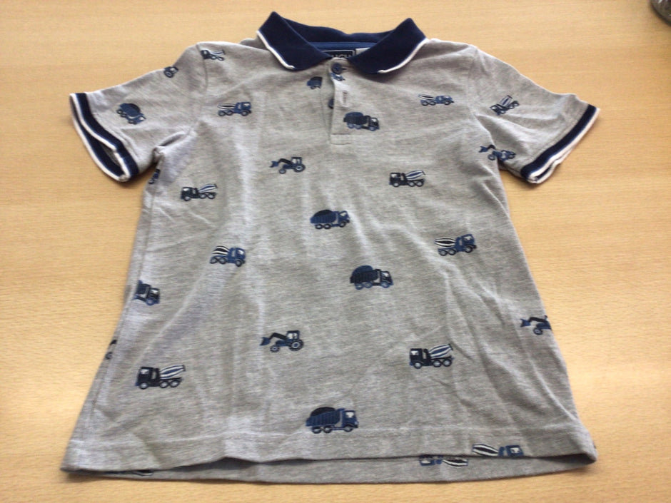 Poloshirt 122/128 Hellgrau mit blauen Mustern und dunklem Blau