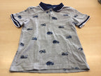 Poloshirt 122/128 Hellgrau mit blauen Mustern und dunklem Blau