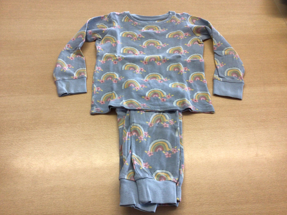 Schlafanzug 104 Blau mit Regenbogen- und Blümchenmuster