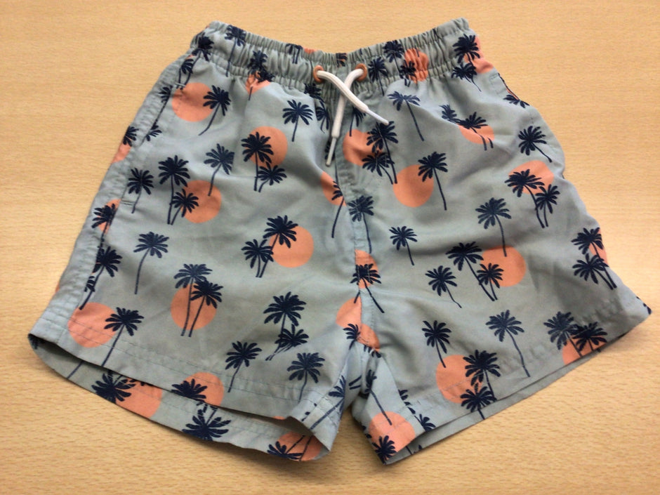  Bade-Shorts 98/104 Grau mit Palmbaum-Muster in Dunkelblau und Pfirsich