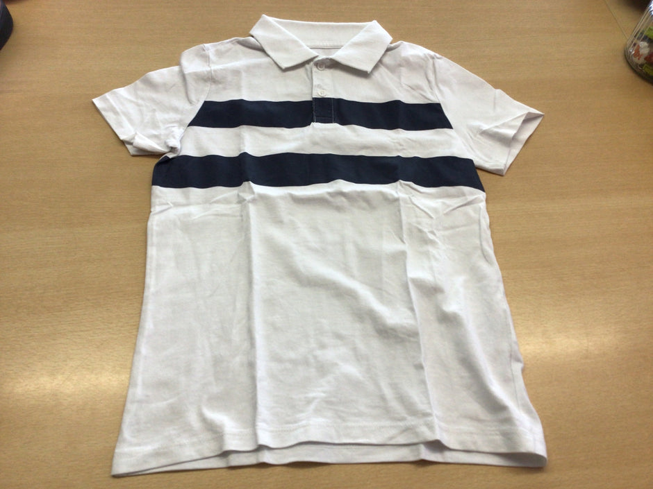  Poloshirt 134/140 Weiß mit Dunkelblauen Streifen