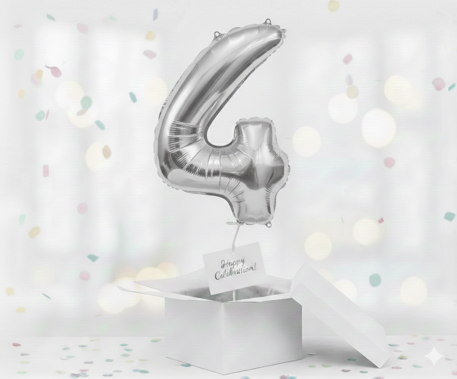 Folienballon Nummer 4, silber, 85 cm