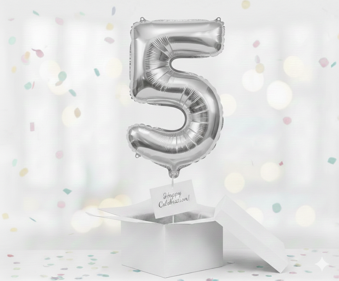 Folienballon Nummer 5, silber, 85 cm