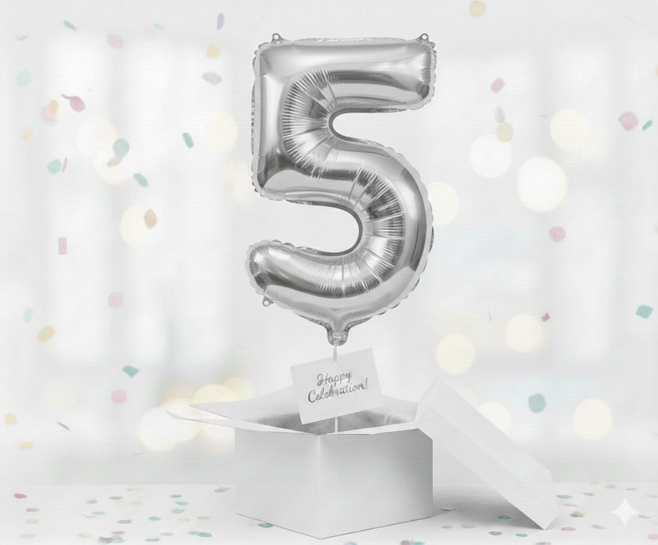 Folienballon Nummer 5, silber, 85 cm