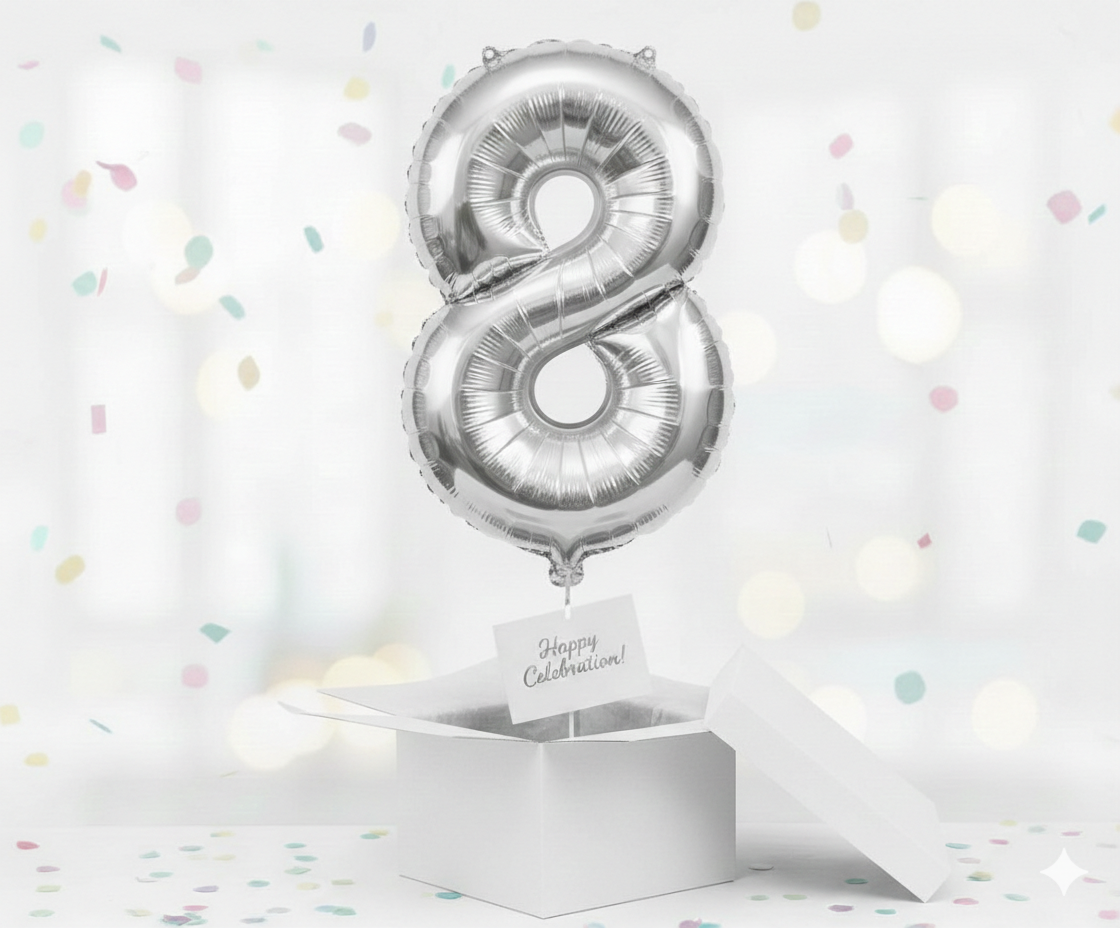 Folienballon Nummer 8, silber, 85 cm