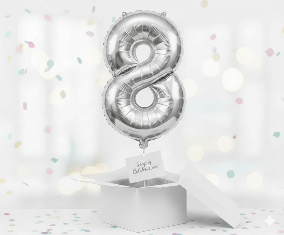 Folienballon Nummer 8, silber, 85 cm