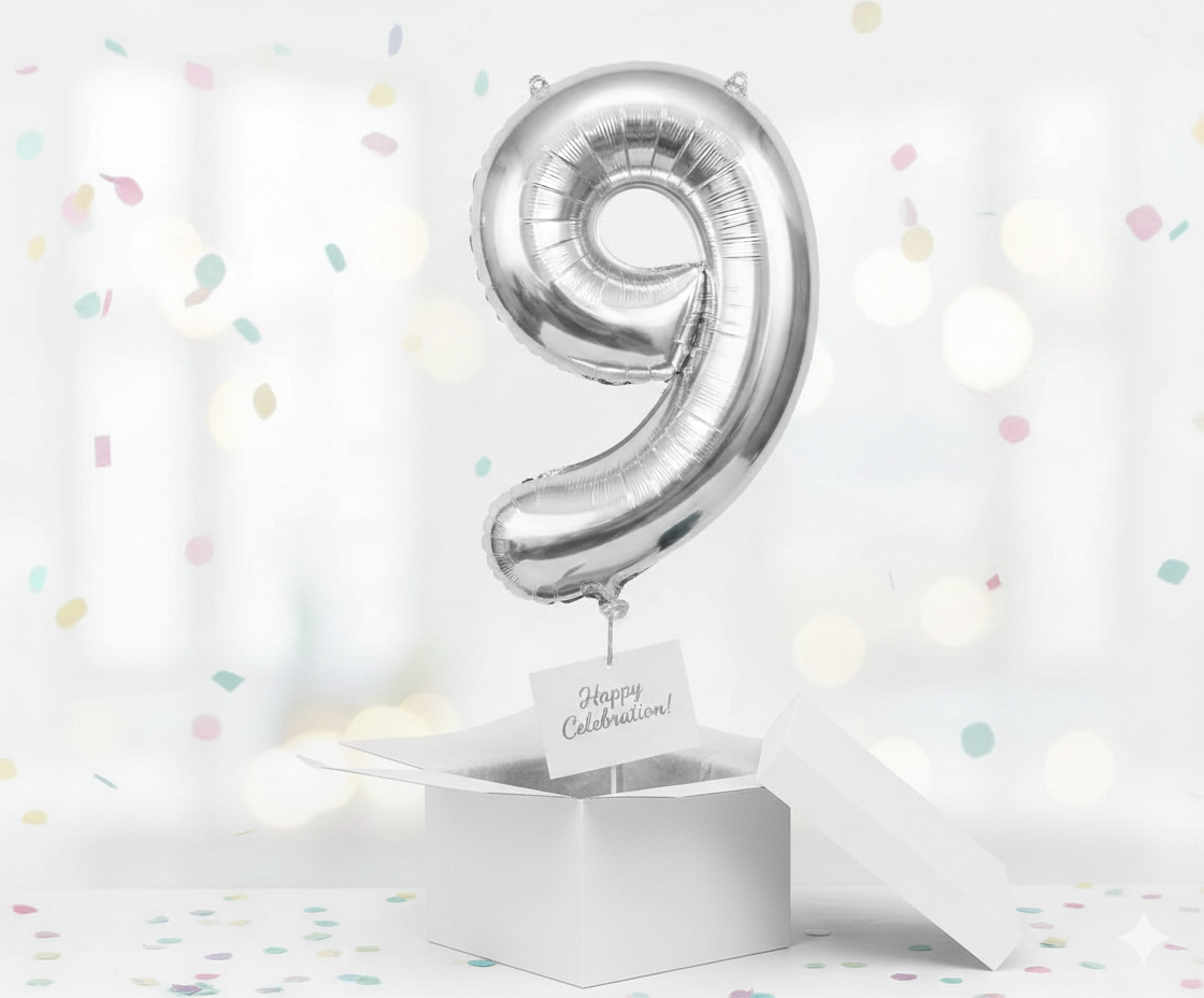 Folienballon Nummer 9, silber, 85 cm