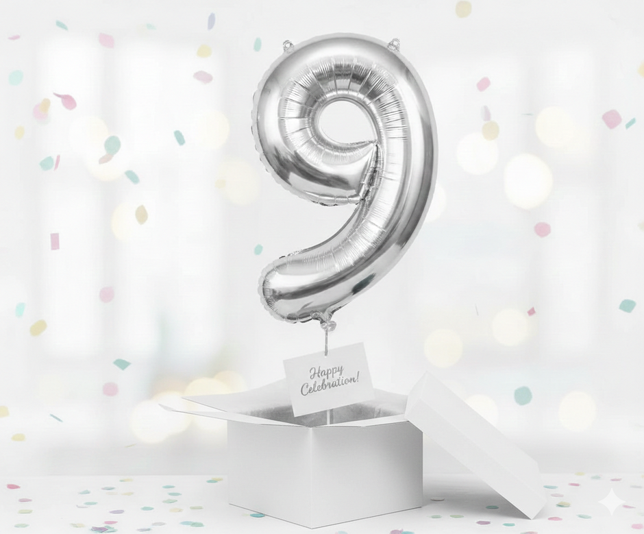 Folienballon Nummer 9, silber, 85 cm