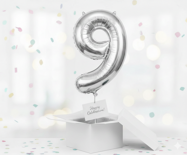 Folienballon Nummer 9, silber, 85 cm